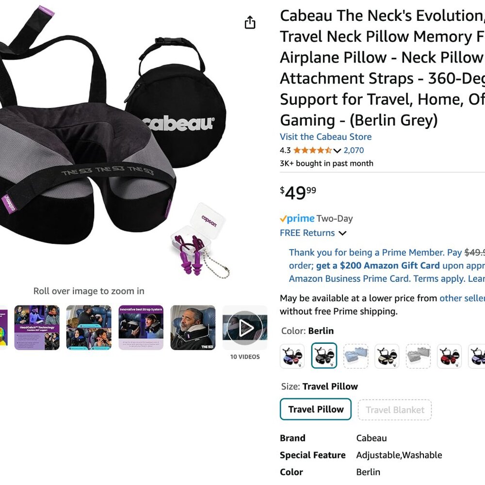 NEW - Amazon Cabeau The Neck's Evolution TNE S3 Travel Neck Pillow Memory Foam